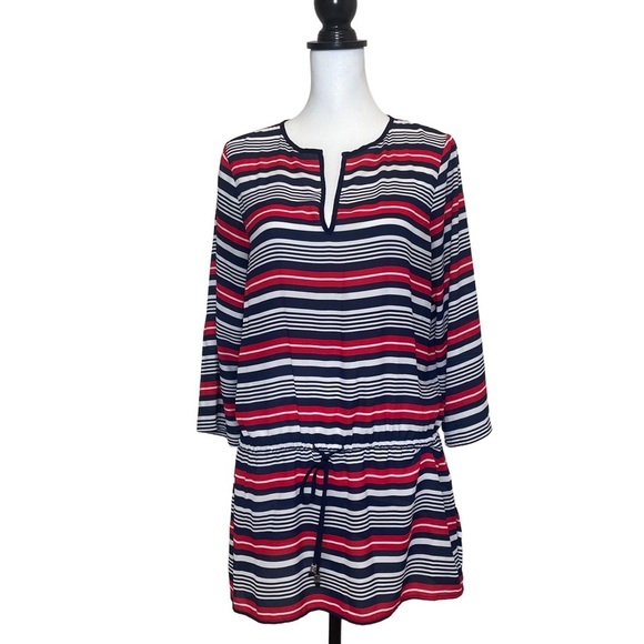 Michael Kors Red White and Blue Tunic Top 3/4 Sleeves Sheer Waist Tie - Picture 5 of 8